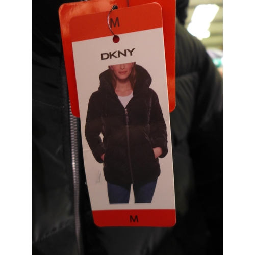 3038 - 2 Women's black DKNY hooded coats - mixed sizes/style * this lot is subject to VAT