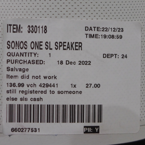 3083 - White Sonos One SL Speaker, original RRP £136.99 + VAT (285-29) * This lot is subject to VAT