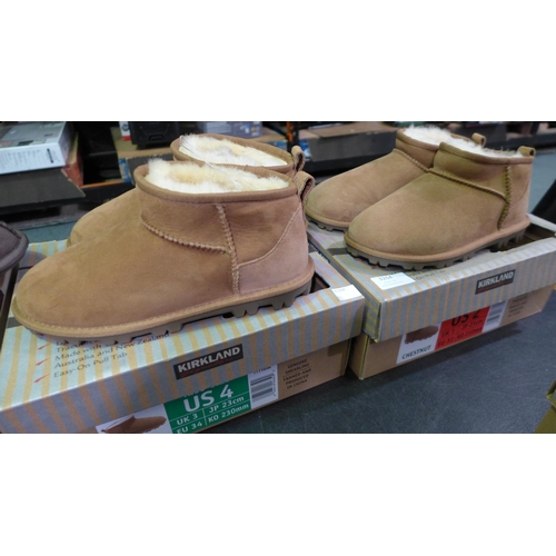 3264 - 2 Pairs of children's chestnut Shearling ankle boots - size UK 1 & 3 * this lot is subject to VAT