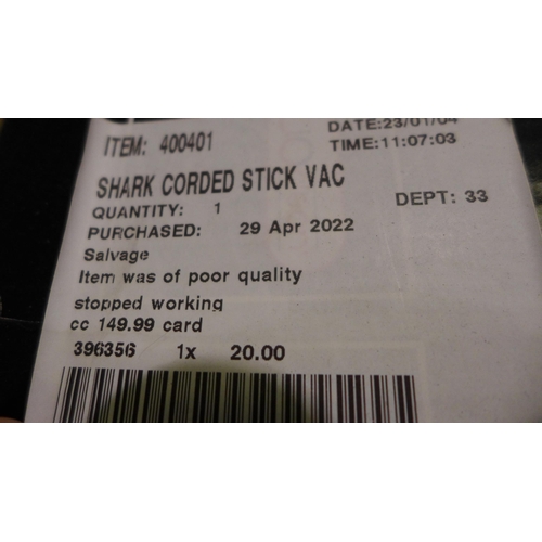 3375 - Shark Corded Stick Vacuum Cleaner (model:- HZ400UKT), original RRP £149.99 + VAT    (283-429) * This... 