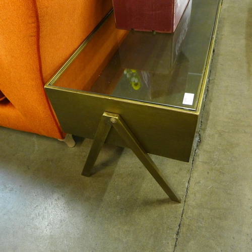 1335 - A gold metal and glass industrial style coffee table/TV stand