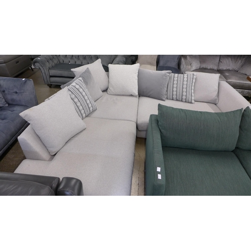 1453 - A stone grey textured weave upholstered LHF corner sofa with patterned scatter cushions