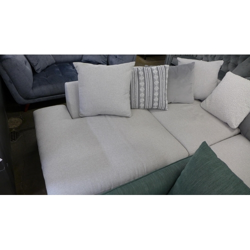 1453 - A stone grey textured weave upholstered LHF corner sofa with patterned scatter cushions