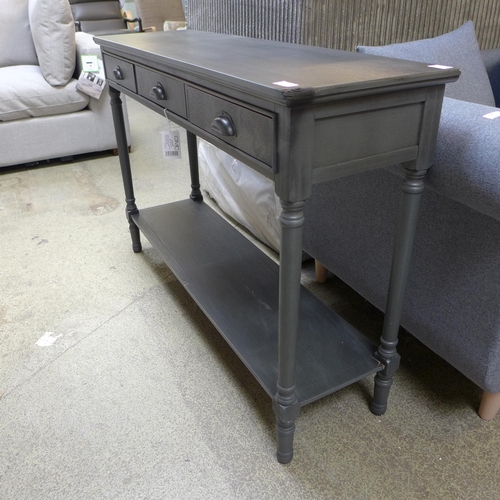 1617 - A black three drawer console table and a cheval mirror, both with some damage