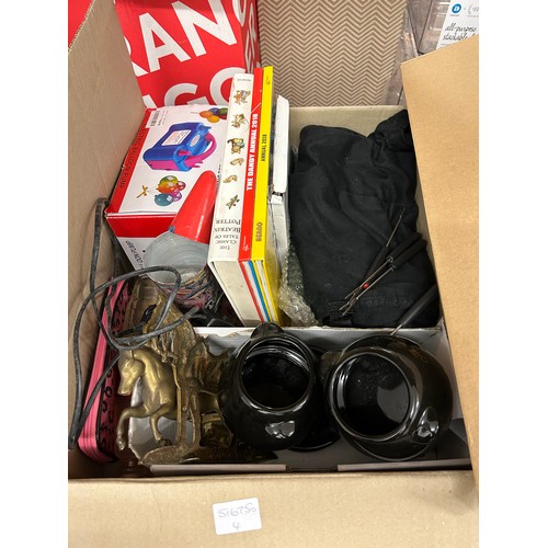2102 - Box of household items including keyboard, some vintage brass, books, cups, statuettes, etc., and tw... 