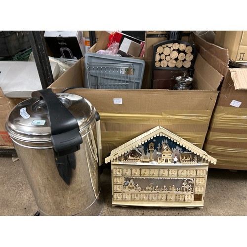 2129 - Box of household items including water urn, burner, cutlery trays, etc.