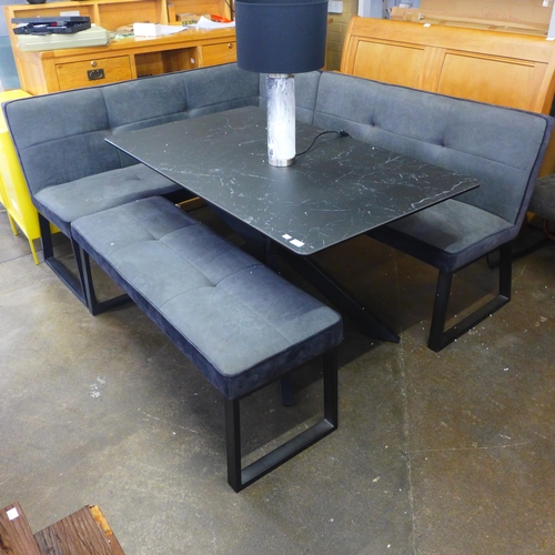 1443 - A Creed small black ceramic dining table with a corner bench set, slit on low bench