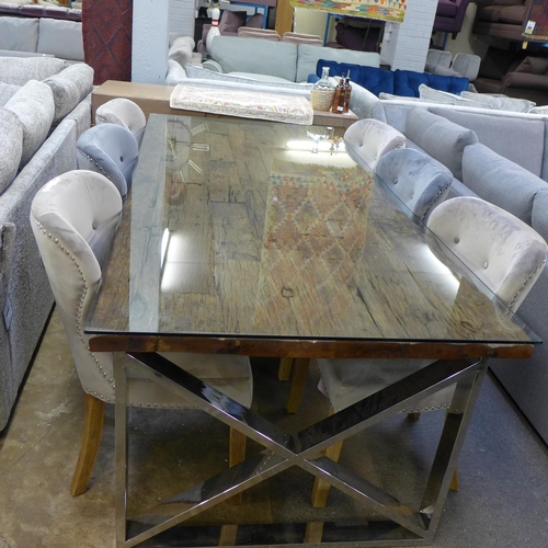 1486 - A Chennai 220cm glass top dining table with a set of six Arlo chairs (four taupe, two grey)