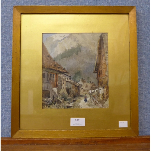 287 - Isabella Hatley, landscape with figures in an Alpine town, watercolour, framed