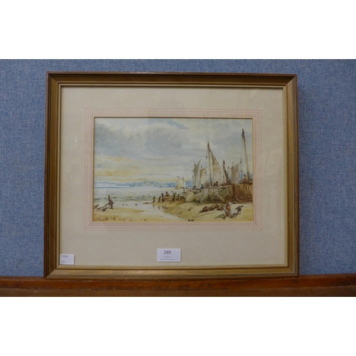 289 - E. Duncan, coastal landscape with fishermen and their day's catch, watercolour, framed