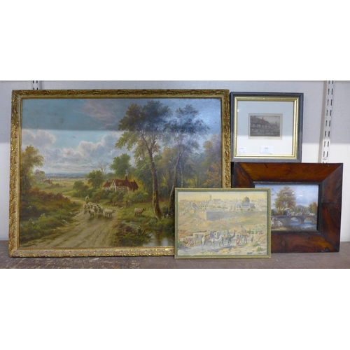 291 - E. Hilton, rural landscape with shepherd and flock on a country lane, oil on board, a continental go... 