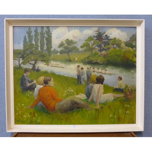 292 - E.S., landscape with rowers on a river with onlookers, oil on board, dated '62, framed