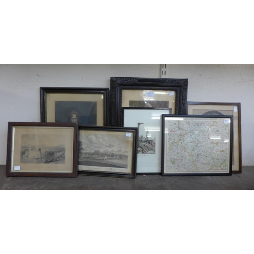 297 - Assorted engravings and a map of Quorn, all framed