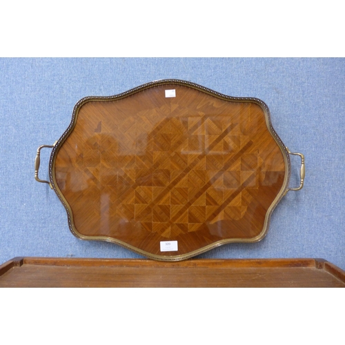 309 - A mahogany parquetry inlaid and gilt metal mounted two handled serving tray