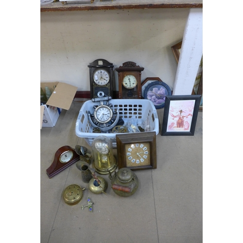 339 - A collection of clocks, miniature clocks and metalware