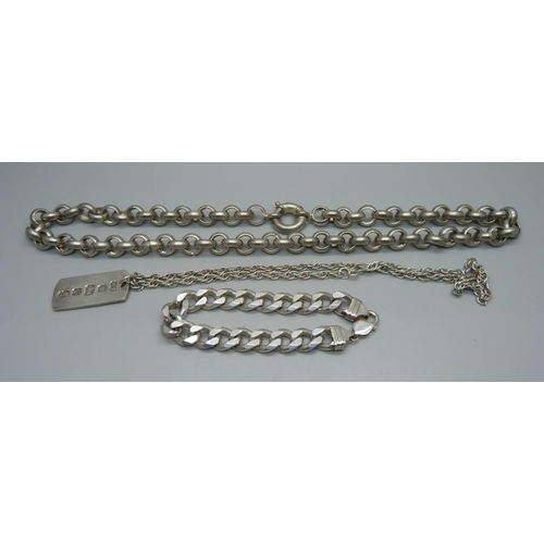 1001 - A silver curb link bracelet, silver ingot pendant and chain, 100g, and a plated chain