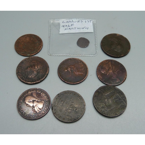 1005 - A Charles I quarter farthing, George III pennies and three trade tokens