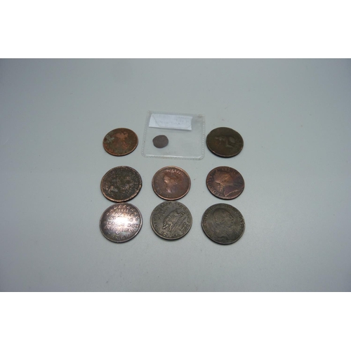 1005 - A Charles I quarter farthing, George III pennies and three trade tokens