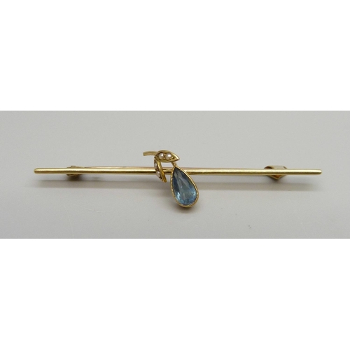 1048 - A 15ct gold, blue stone and pearl brooch, 3.8g