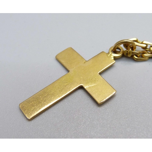 1096 - A yellow metal chain and a yellow metal cross pendant, test as high carat gold, 32.2g, chain 62cm