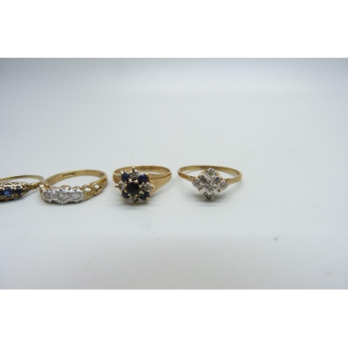 1101 - Five 9ct gold rings, 9.7g