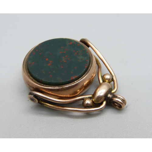 1158 - A 9ct gold and bloodstone swivel fob