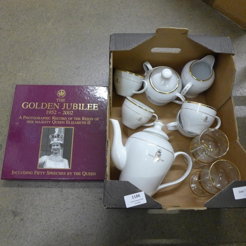 1186 - A Queen Elizabeth Golden Jubilee coffee set, two glasses and book **PLEASE NOTE THIS LOT IS NOT ELIG... 