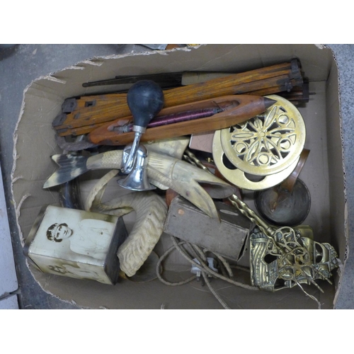 1187 - A collection of assorted items including horns, a mirror, wooden music stands, brass, etc. **PLEASE ... 