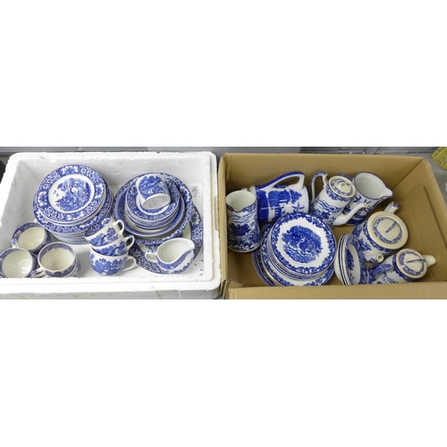 1192 - Two boxes of blue and white china, including Old Alton Ware plates, cups, saucers, tea pots, jugs, e... 