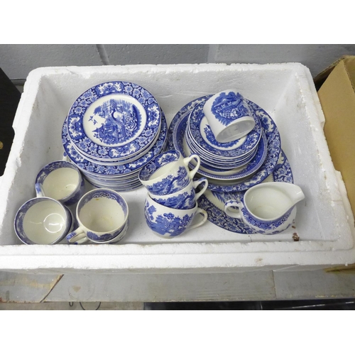 1192 - Two boxes of blue and white china, including Old Alton Ware plates, cups, saucers, tea pots, jugs, e... 