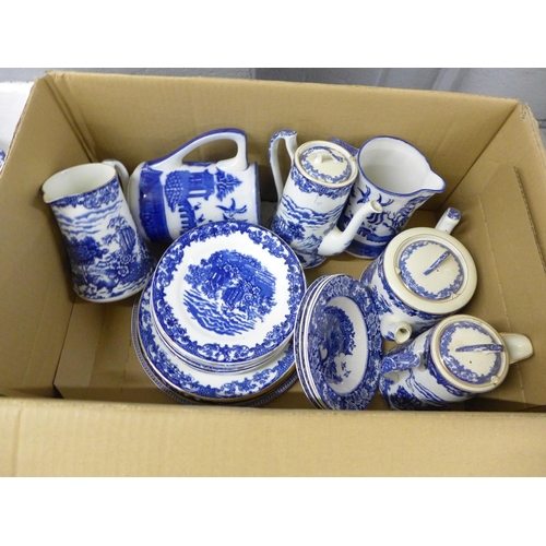 1192 - Two boxes of blue and white china, including Old Alton Ware plates, cups, saucers, tea pots, jugs, e... 