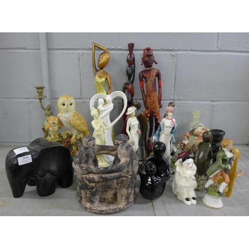 1193 - A collection of figures, including an elephant, a brass candlestick, model of owls, etc. (22) **PLEA... 