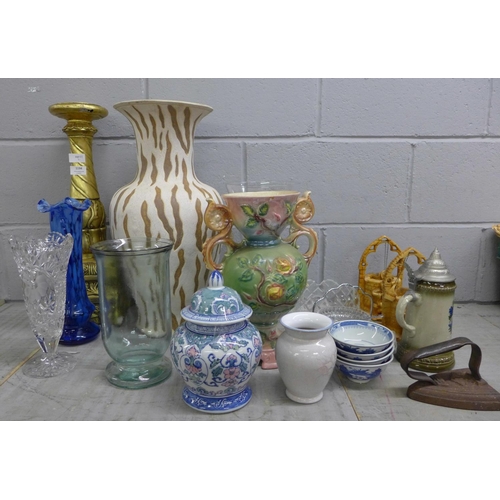 1194 - A large gilt candle stand, four glass vases, oriental lidded pot, stein, etc. **PLEASE NOTE THIS LOT... 