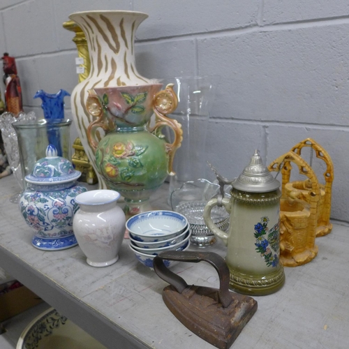 1194 - A large gilt candle stand, four glass vases, oriental lidded pot, stein, etc. **PLEASE NOTE THIS LOT... 