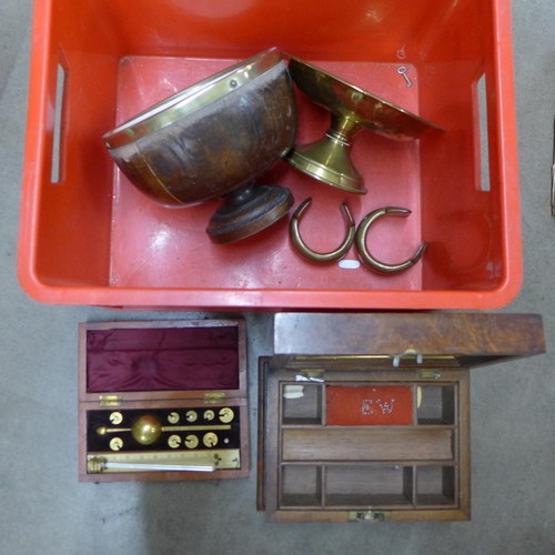 1197 - A cased Sikes Hydrometer, an inlaid jewellery box, wooden bowl, brass comport and two slave bangles ... 