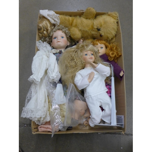 1201 - A collection of dolls and a vintage Teddy bear and porcelain doll parts **PLEASE NOTE THIS LOT IS NO... 