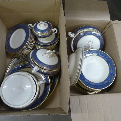 1219 - Two boxes of Myott & Son dinnerwares, plates, soup bowls, a set of graduated oval plates, treens, et... 