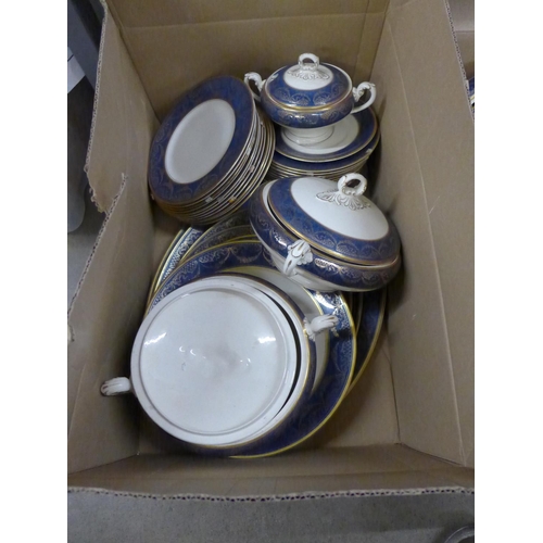 1219 - Two boxes of Myott & Son dinnerwares, plates, soup bowls, a set of graduated oval plates, treens, et... 