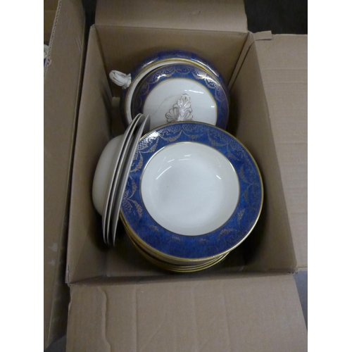 1219 - Two boxes of Myott & Son dinnerwares, plates, soup bowls, a set of graduated oval plates, treens, et... 