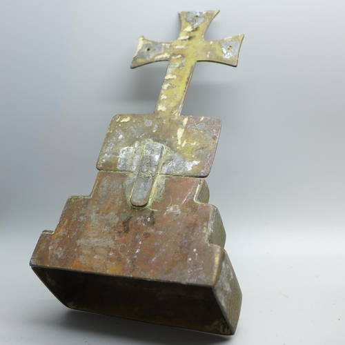 620 - A trench art style brass cross and a model church
