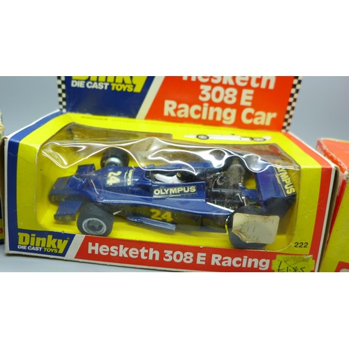 636 - Three Formula 1 racing cars, comprising two Corgi (151 and 153) and one Dinky (222), all boxed