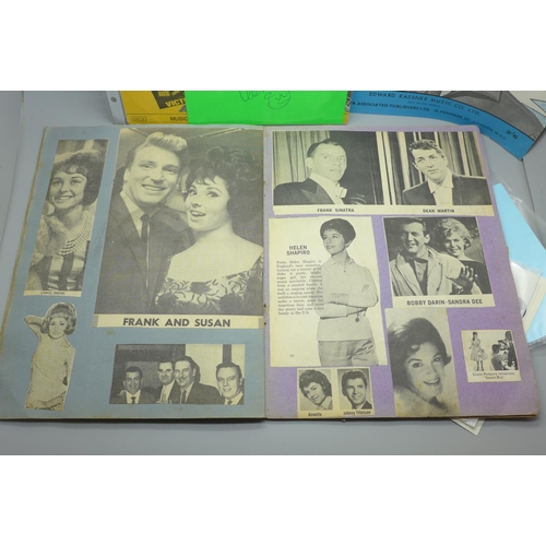 638 - A pop music scrapbook with autographs of Connie Francis, Neil Sedaka, Carole Deene, Susan Maugn, Phi... 