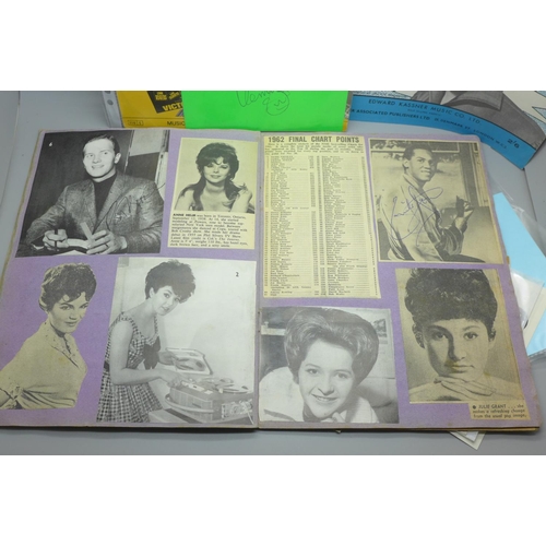 638 - A pop music scrapbook with autographs of Connie Francis, Neil Sedaka, Carole Deene, Susan Maugn, Phi... 
