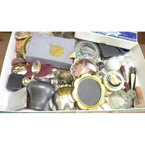 672 - A collection of assorted items including forks, plated spoons, a stamp case, picture frame, etc.