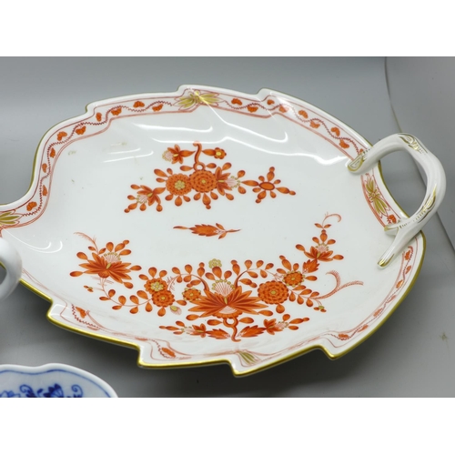 675 - Meissen porcelain; tea cup and saucer, onion pattern, pickle dish and saucer, dish and a later jug