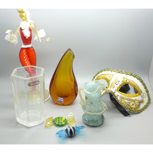 676 - Three Murano glass vases, Cenedese and Seguso Factories, a 1950's Venetian glass figure and a masque... 