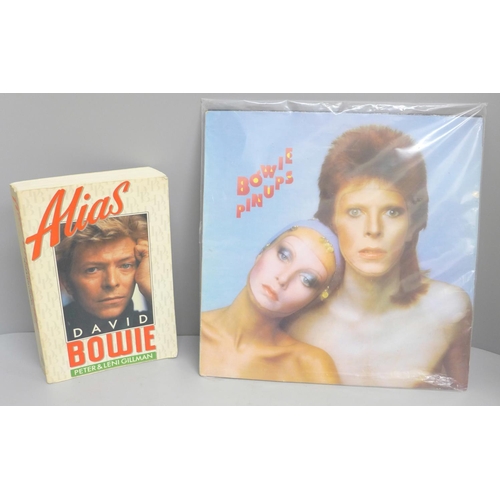679 - A David Bowie book, two LP records; Bowie Pin Ups and The Best of Bowie