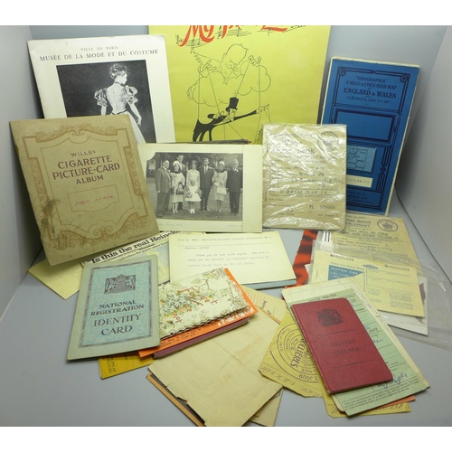 684 - A collection of ephemera; UK map, ration books, theatre programme, etc.