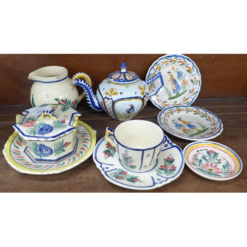 707 - Quimper teapots, plates and a cup and saucer, some a/f