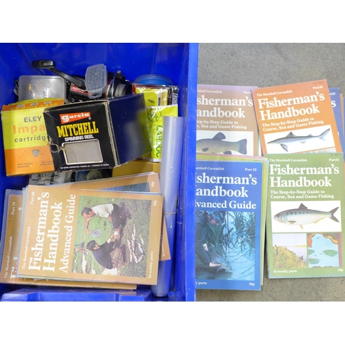 753 - A collection of fisherman's handbooks, reels, weights, spinners, sea fishing related
